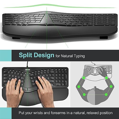 Arteck Ergonomic USB Wired Keyboard with Cushioned Wrist & Palm Rest, Backlit 7 Colors & Adjustable Brightness Comfortable Natural Split Keyboard with 6 Feet Wire for Windows Computer Desktop Laptop - Image 2