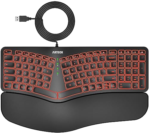 Arteck Ergonomic USB Wired Keyboard with Cushioned Wrist & Palm Rest, Backlit 7 Colors & Adjustable Brightness Comfortable Natural Split Keyboard with 6 Feet Wire for Windows Computer Desktop Laptop - Image 1
