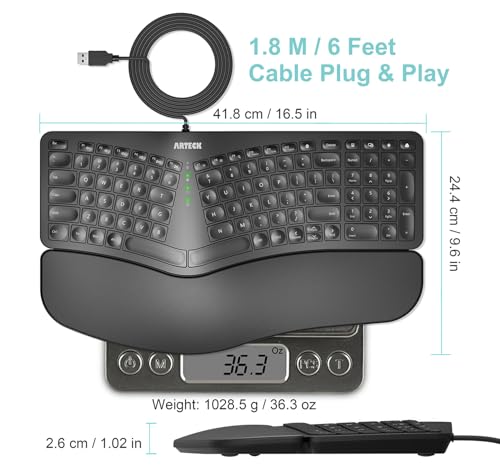 Arteck Ergonomic USB Wired Keyboard with Cushioned Wrist & Palm Rest, Backlit 7 Colors & Adjustable Brightness Comfortable Natural Split Keyboard with 6 Feet Wire for Windows Computer Desktop Laptop - Image 5