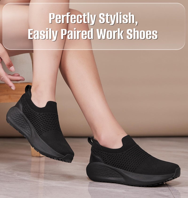 SHULOOK Non Slip Work Shoes for Women Slip Resistant Sneakers Mesh Slip On Food Service Shoes Chef Kitchen Restaurant Lightweight Comfortable Sock Shoes Black Size 7 - Image 5
