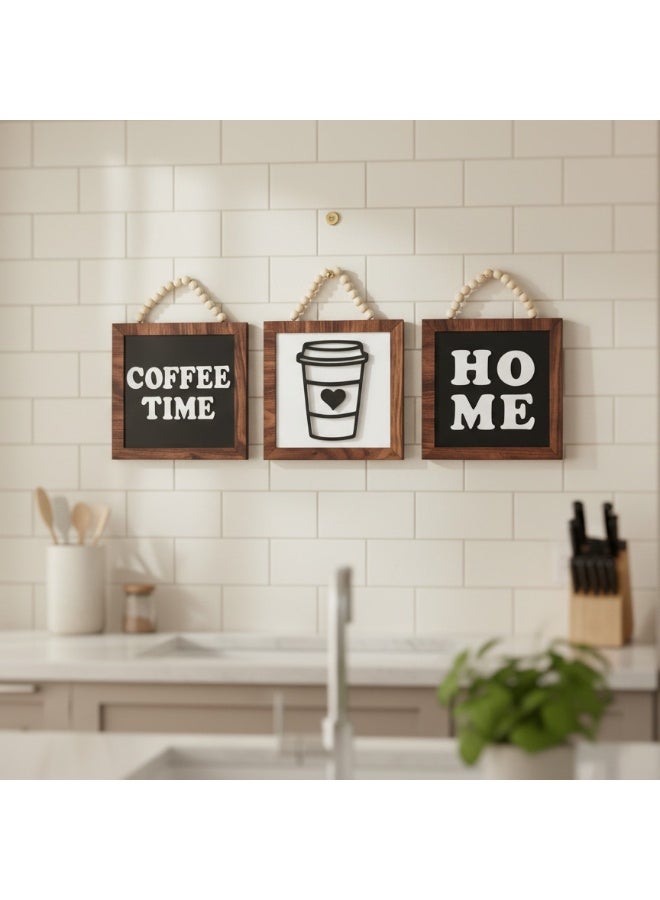 تبلوه خشبي بتصميم مميز بعبارة Coffee Time و Home بمقاس 18x18 للقطعة مصنوع من خشب MDF أسباني فاخر بسماكة 10 ملم ليضفي الي منزلك جمال واناقة لركن القهوة الخاص بكر - Image 4