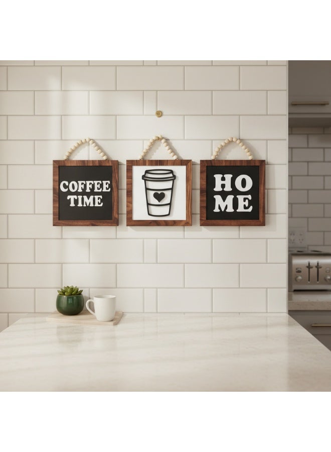 تبلوه خشبي بتصميم مميز بعبارة Coffee Time و Home بمقاس 18x18 للقطعة مصنوع من خشب MDF أسباني فاخر بسماكة 10 ملم ليضفي الي منزلك جمال واناقة لركن القهوة الخاص بكر - Image 5