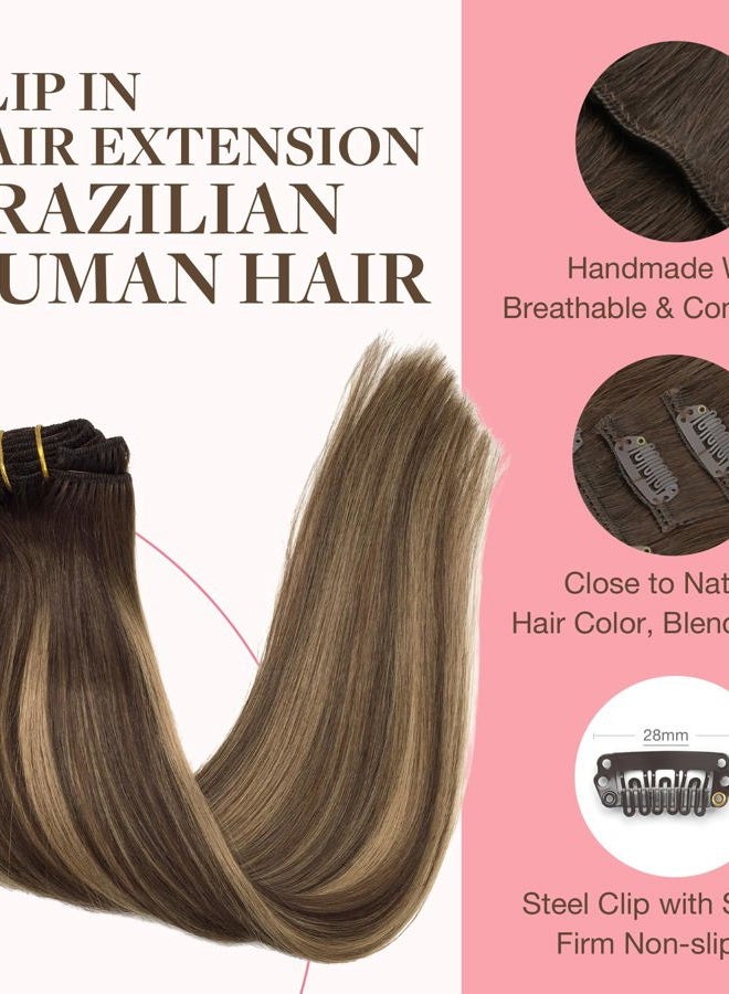 Goo-Goo Clip in Hair Extensions Real Human Hair, Remy Human Hair Extensions Clip ins for Women, Natural Human Hair, 18inch 120g 7Pcs, 4/27/4 Balayage Chocolate Brown to Caramel Blonde - Image 3