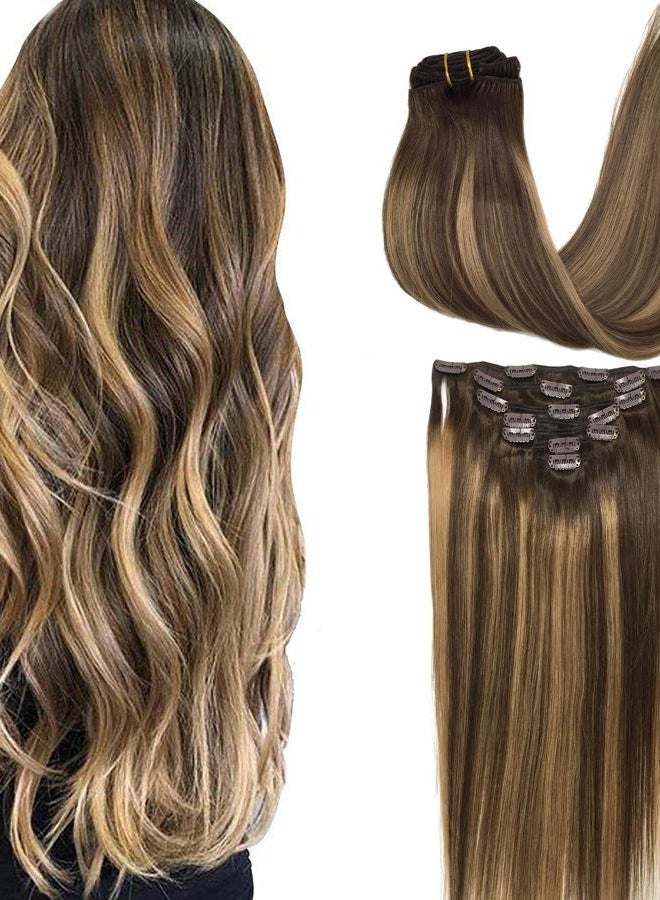 Goo-Goo Clip in Hair Extensions Real Human Hair, Remy Human Hair Extensions Clip ins for Women, Natural Human Hair, 18inch 120g 7Pcs, 4/27/4 Balayage Chocolate Brown to Caramel Blonde - Image 1