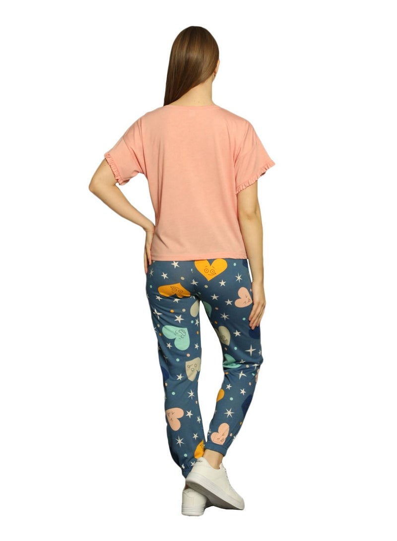 بويراز طقم بيجامة تركي من القطن المطبوع أزرق مشمشي / أزرق - Image 3