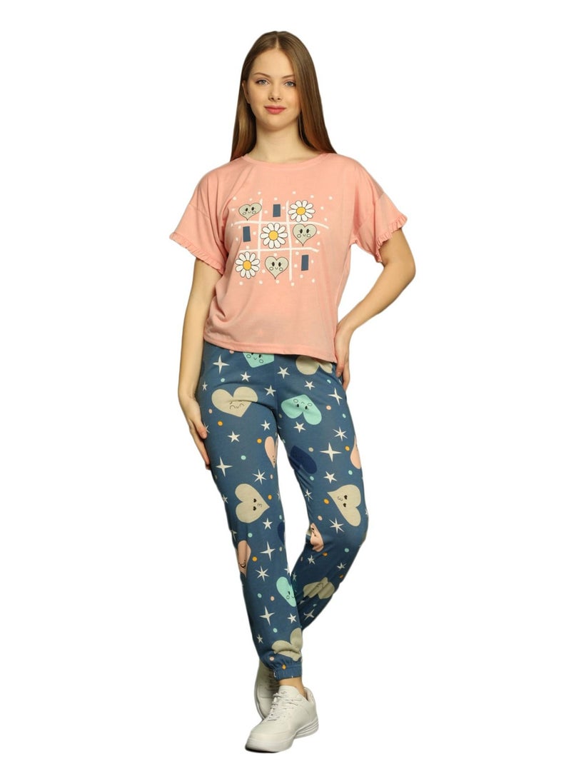 بويراز طقم بيجامة تركي من القطن المطبوع أزرق مشمشي / أزرق - Image 1