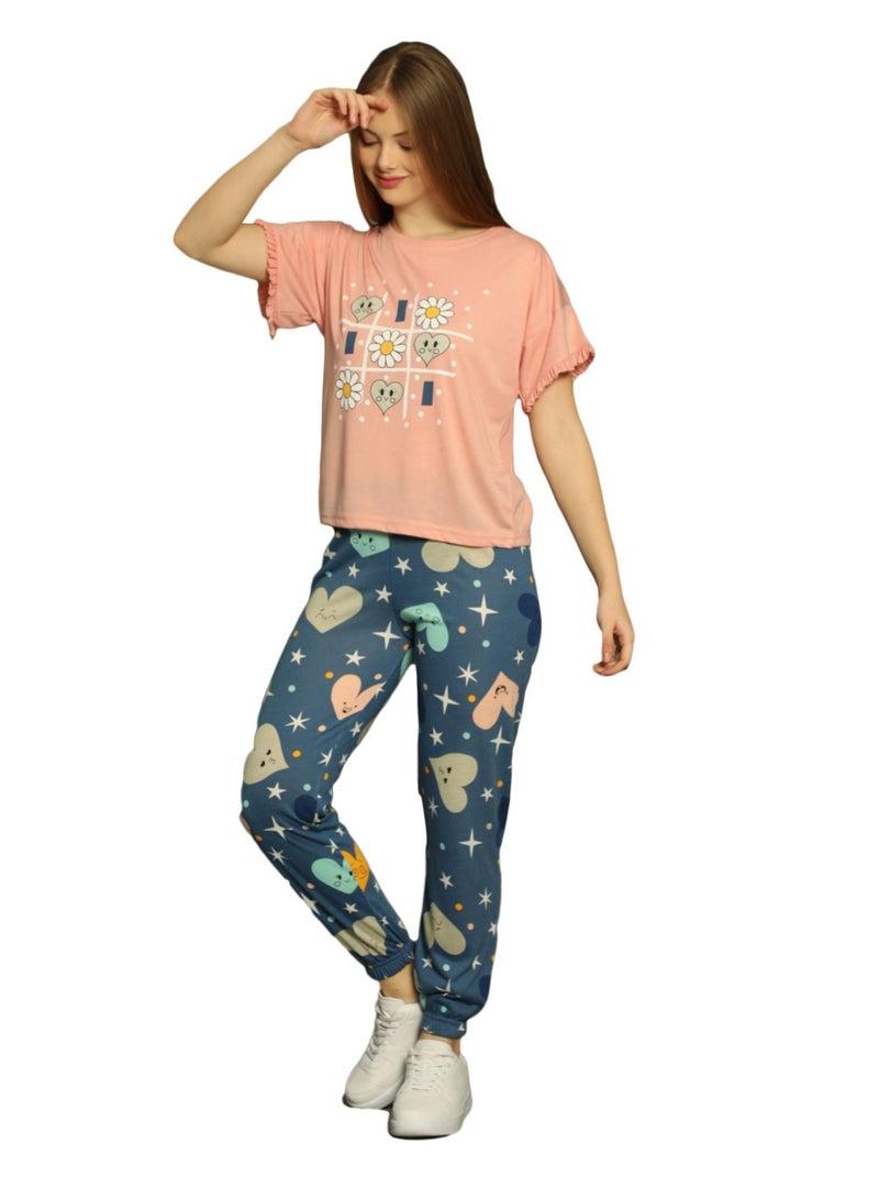 بويراز طقم بيجامة تركي من القطن المطبوع أزرق مشمشي / أزرق - Image 2