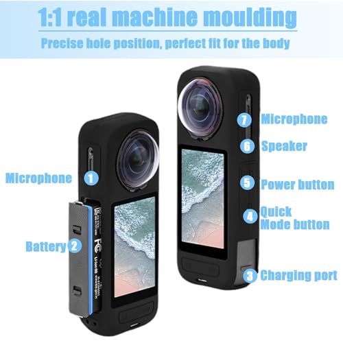 Gozaqe Compatible with Insta360 X5,Silicone Protective Case with Lens Cap,Soft Silicone Cover Protection Grip Case & Lanyard,Skin Cover for Action Camera,Battery Side Open - Image 3