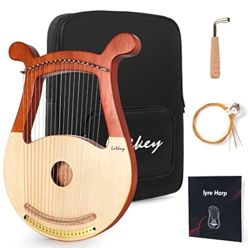LOTKEY Lyre Harp, Lotkey 19 Metal Strings Harp Iron Saddle Solid Spruce Board Lyre Harp with Tunning Wrench, Extract Strings, Manual and Gig Bag - Image 1