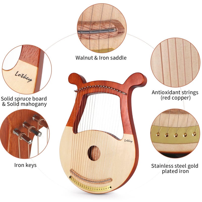 LOTKEY Lyre Harp, Lotkey 19 Metal Strings Harp Iron Saddle Solid Spruce Board Lyre Harp with Tunning Wrench, Extract Strings, Manual and Gig Bag - Image 2