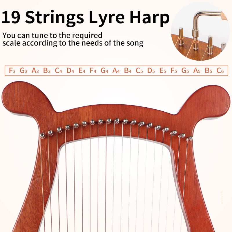 LOTKEY Lyre Harp, Lotkey 19 Metal Strings Harp Iron Saddle Solid Spruce Board Lyre Harp with Tunning Wrench, Extract Strings, Manual and Gig Bag - Image 5
