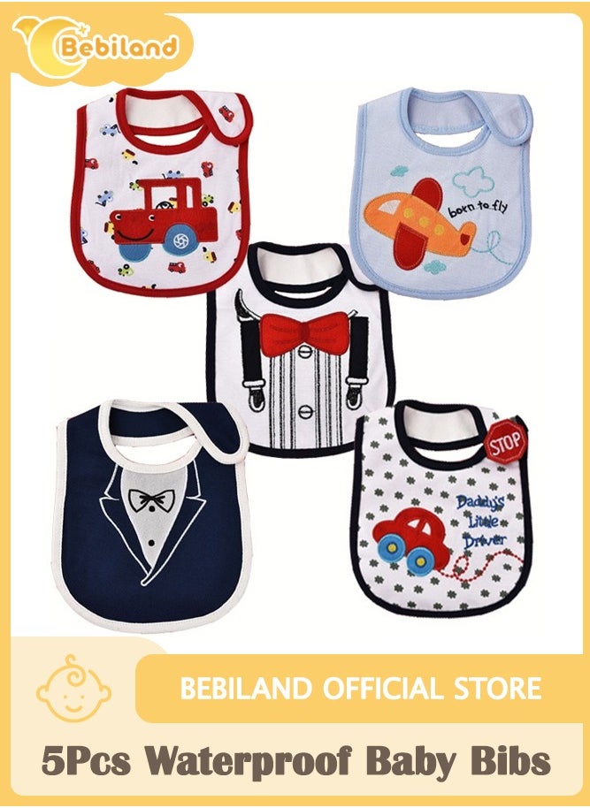 Bebiland 5-Piece Cotton Waterproof Baby Bibs, Hook Loop Closure Newborn Babies Bib, Keepsake Baby Gift for Drooling Feeding Eating  - Image 1