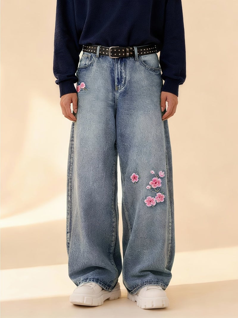 Men'S Retro-Style Loose-Fit Jeans Featuring Cherry Blossom, Perfect for Y2K Street Fashion. These Wide-Leg Denim Pants Are Suitable for Both Spring And Summer Wear - Image 4