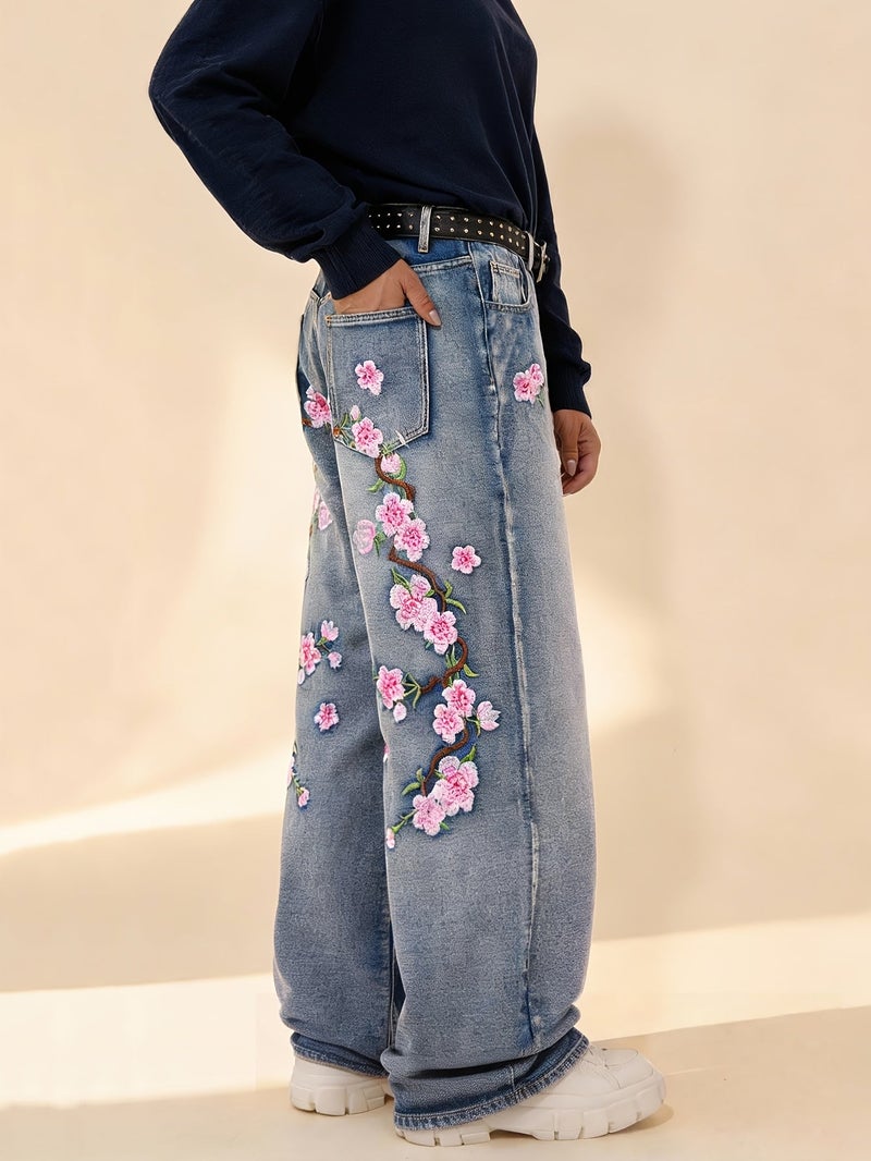 Men'S Retro-Style Loose-Fit Jeans Featuring Cherry Blossom, Perfect for Y2K Street Fashion. These Wide-Leg Denim Pants Are Suitable for Both Spring And Summer Wear - Image 2