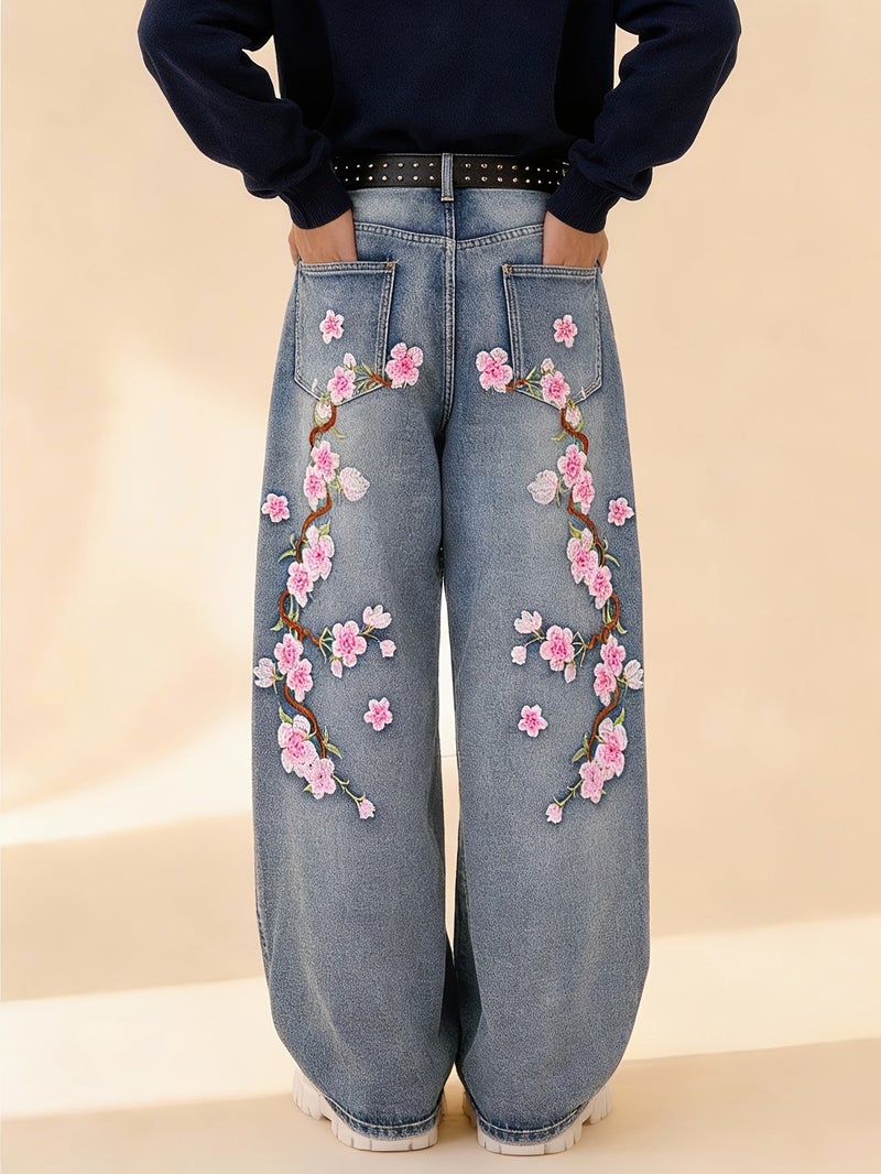 Men'S Retro-Style Loose-Fit Jeans Featuring Cherry Blossom, Perfect for Y2K Street Fashion. These Wide-Leg Denim Pants Are Suitable for Both Spring And Summer Wear - Image 3