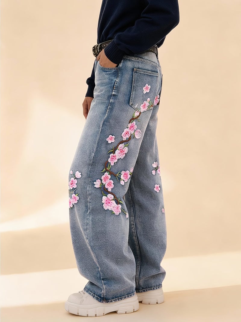 Men'S Retro-Style Loose-Fit Jeans Featuring Cherry Blossom, Perfect for Y2K Street Fashion. These Wide-Leg Denim Pants Are Suitable for Both Spring And Summer Wear - Image 5