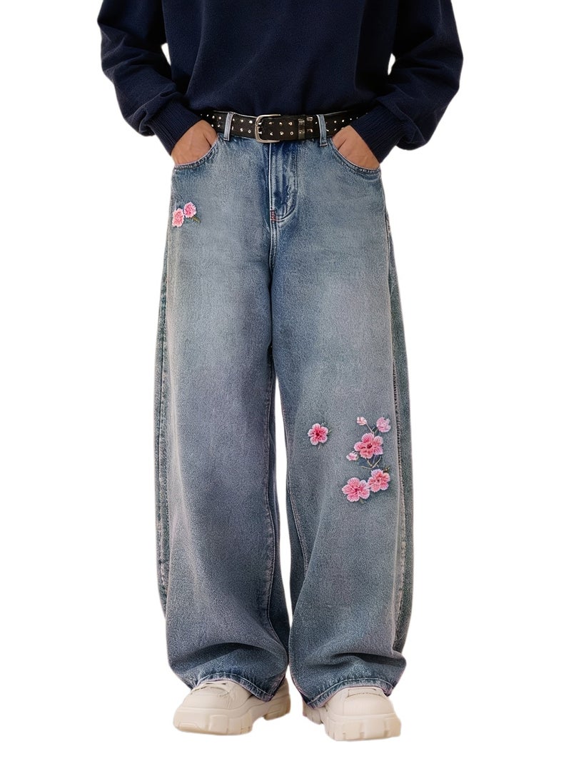 Men'S Retro-Style Loose-Fit Jeans Featuring Cherry Blossom, Perfect for Y2K Street Fashion. These Wide-Leg Denim Pants Are Suitable for Both Spring And Summer Wear - Image 1