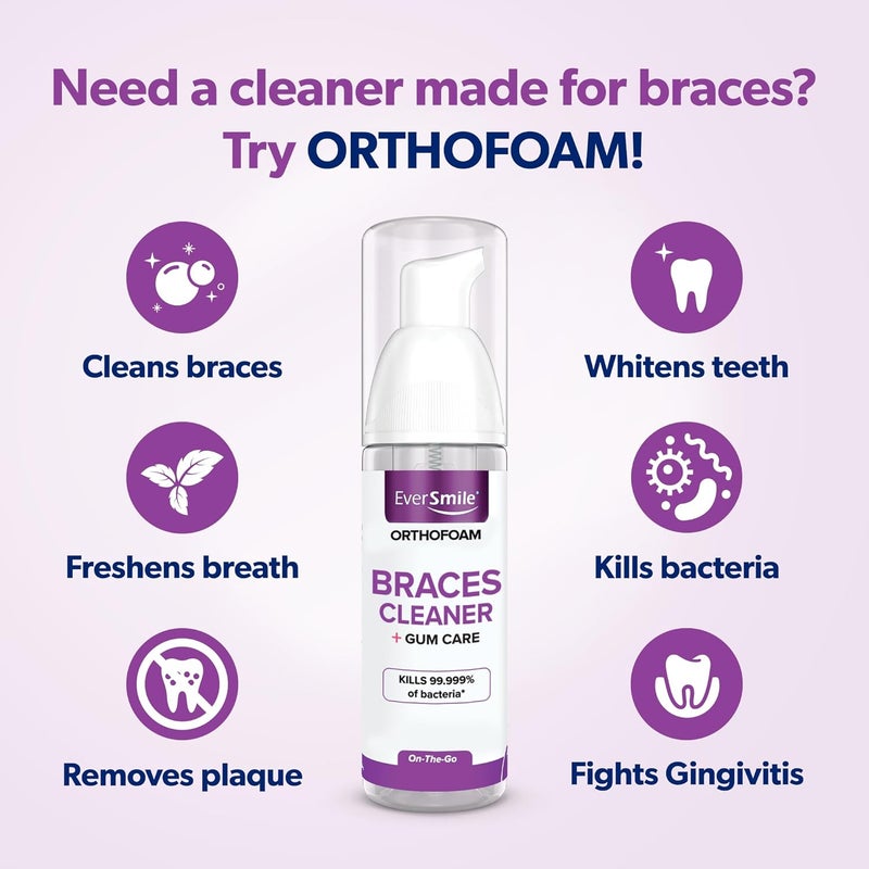 EverSmile OrthoFoam Braces Cleaner Travel Size Brushable Foam Whitens Teeth Eliminates Bacteria Fights Plaque and Bad Breath Cleans Under Metal Ceramic Clear Brackets and Wires 25ml - Image 2