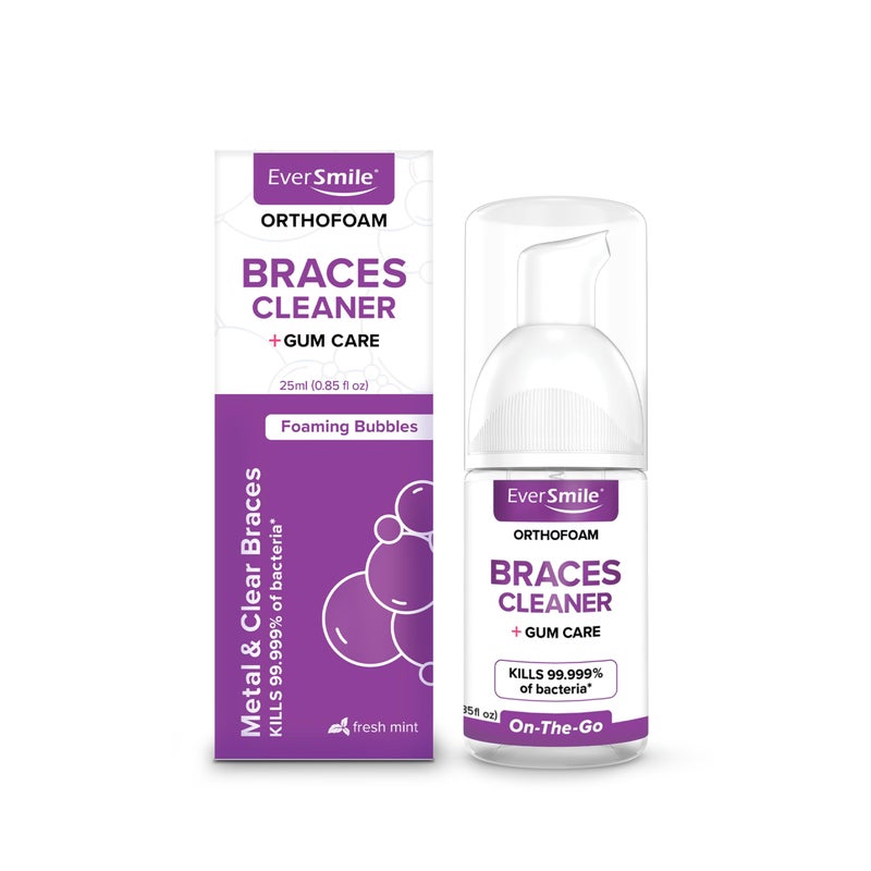 EverSmile OrthoFoam Braces Cleaner Travel Size Brushable Foam Whitens Teeth Eliminates Bacteria Fights Plaque and Bad Breath Cleans Under Metal Ceramic Clear Brackets and Wires 25ml - Image 1
