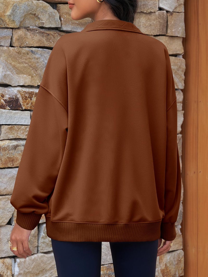 Fisoew Womens Oversized Sweatshirts Casual Long Sleeve Snap Button Henley Neck Loose Fit Fall Pullover Tops Coffee - Image 4