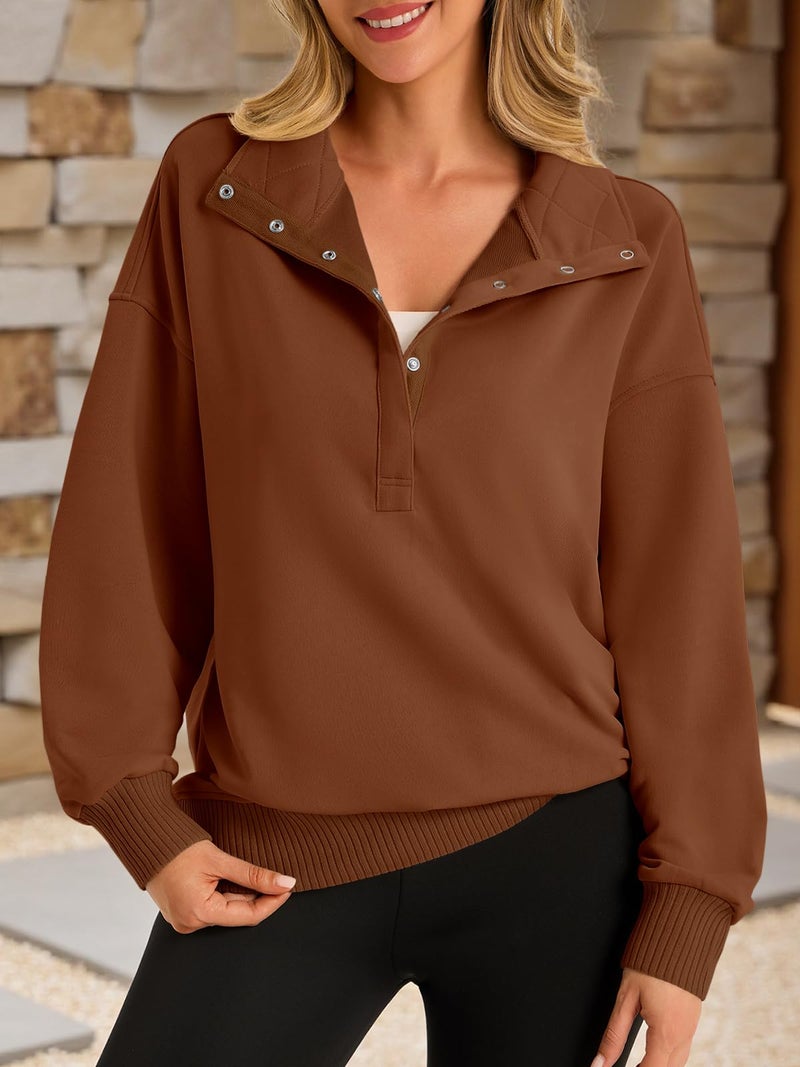 Fisoew Womens Oversized Sweatshirts Casual Long Sleeve Snap Button Henley Neck Loose Fit Fall Pullover Tops Coffee - Image 3