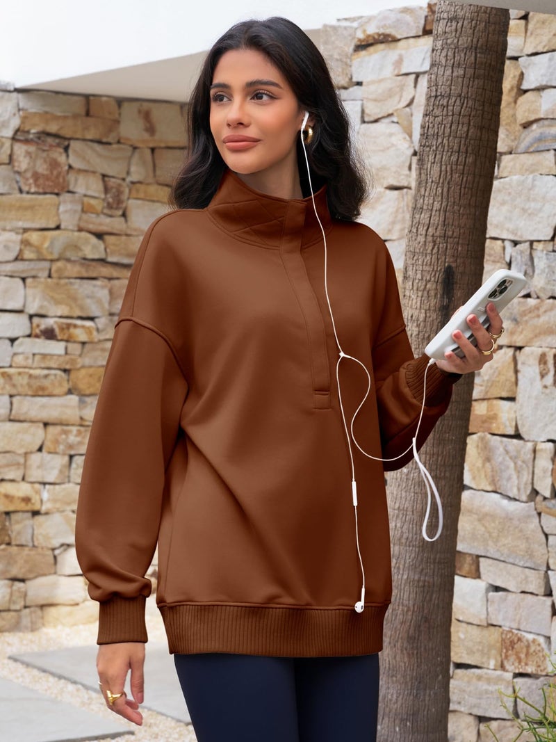 Fisoew Womens Oversized Sweatshirts Casual Long Sleeve Snap Button Henley Neck Loose Fit Fall Pullover Tops Coffee - Image 5
