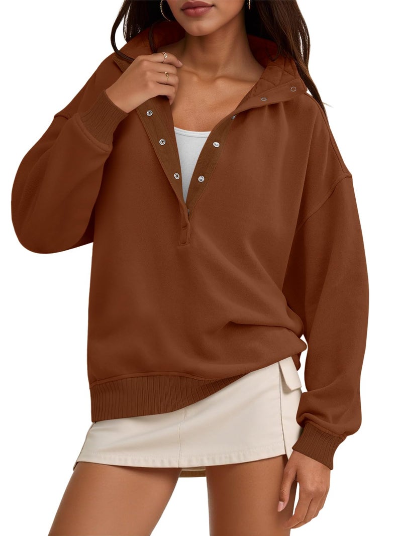 Fisoew Womens Oversized Sweatshirts Casual Long Sleeve Snap Button Henley Neck Loose Fit Fall Pullover Tops Coffee - Image 1