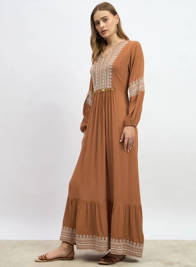 Styli Embroidered Peasant Maxi Dress