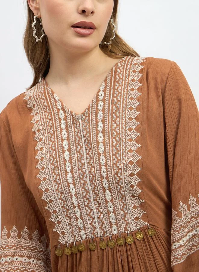 Styli Embroidered Peasant Maxi Dress