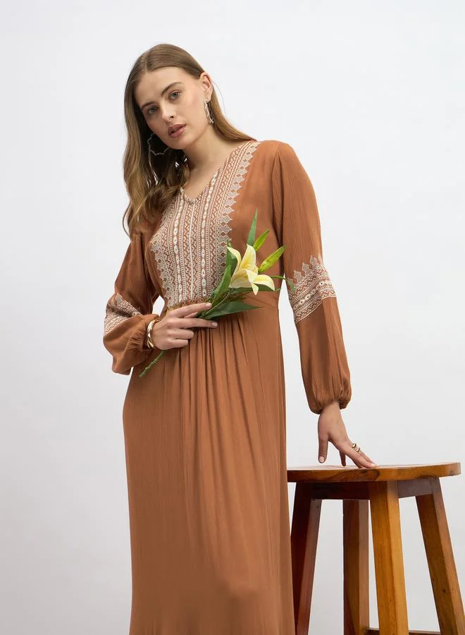 Styli Embroidered Peasant Maxi Dress