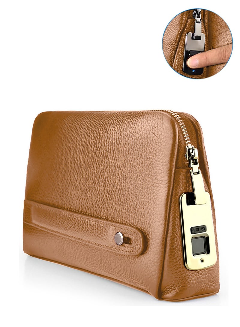 دبليو تيك حقيبة يد ذات قفل بالبصمة من الجلد للرجال والنساء مع محافظ طويلة للنقود وحقيبة للهاتف المحمول ونظام قفل ذكي - بني - Image 1