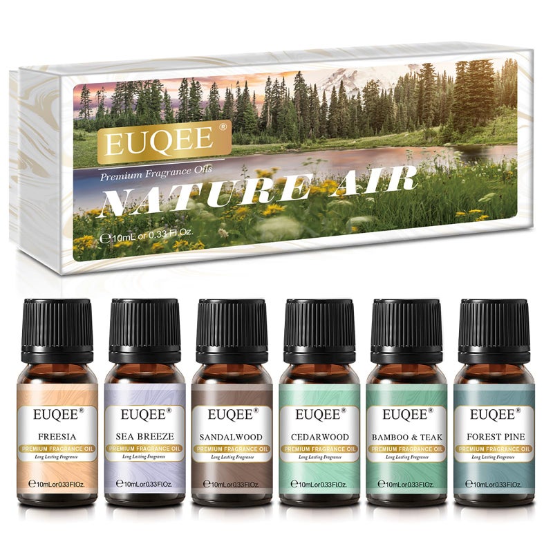 EUQEE Nature Air Premium Grade Scented Oils Gift Set - Sea Breeze, Forest Pine, Bamboo & Teak, Cedarwood, Sandalwood, Freesia (10ml) - Image 1