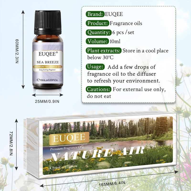 EUQEE Nature Air Premium Grade Scented Oils Gift Set - Sea Breeze, Forest Pine, Bamboo & Teak, Cedarwood, Sandalwood, Freesia (10ml) - Image 3