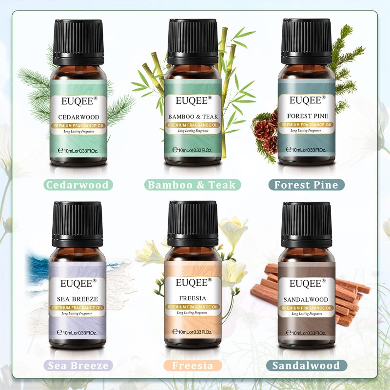 EUQEE Nature Air Premium Grade Scented Oils Gift Set - Sea Breeze, Forest Pine, Bamboo & Teak, Cedarwood, Sandalwood, Freesia (10ml) - Image 2