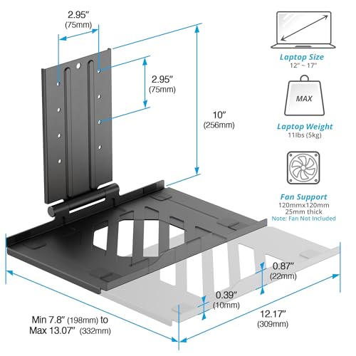 AVLT Adjustable Laptop Tray with Support for 120mm Fans Compatible with VESA 75x75 Monitor Arm - Suitable for Laptops Up to 17Inch - Weighs 4.41lbs, Black (Fan Not Included) - Image 2