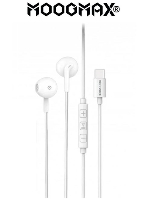 1.2m Type-C earphones wired. Type-C headset wired with a clear, built-in mic. Compatible with iPhone 16 and 15, Samsung, Huawei, and other phones that support a Type-C port. Type-C wired earphones feature control buttons for easy navigation. Type-C wired headphones from MoogMax.