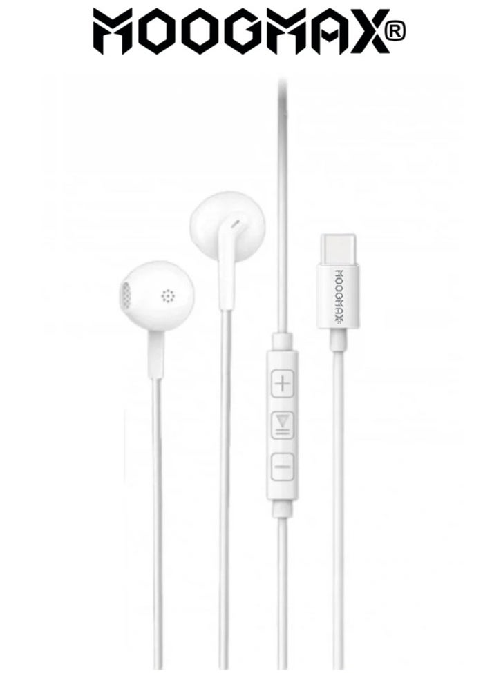 MOOGMAX - 1.2m Type-C earphones wired. Type-C headset wired with a clear, built-in mic. Compatible with iPhone 16 and 15, Samsung, Huawei, and other phones that support a Type-C port. Type-C wired earphones feature control buttons for easy navigation. Type-C wired headphones from MoogMax. - Image 1