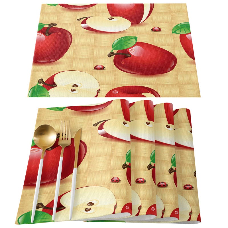 Greeeen Greeeen Placemats Set of 6 Red Apples Place Mat for Dining Table Washable Cotton Linen Table Mats 