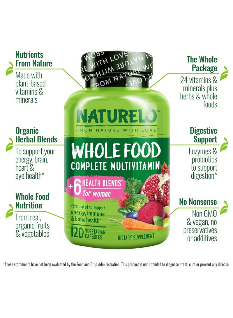 NATURELO Whole Food Multivitamin for Women - فيتامينات طبيعية ومعادن ومستخلصات عضوية خام - أفضل مكمل للطاقة وصحة القلب - نباتي - غير معدّل وراثيًا - 120 كبسولة - Image 4