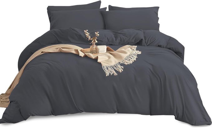 KING SIZE DUVET COVER SETS SOFT BREATHABLE BRUSHED MICROFIBRE PLAIN DUVET COVER WITH PILLOW CASES BUTTON CLOSURE QUILT COVER BED SET CHARCOAL DARK GREY