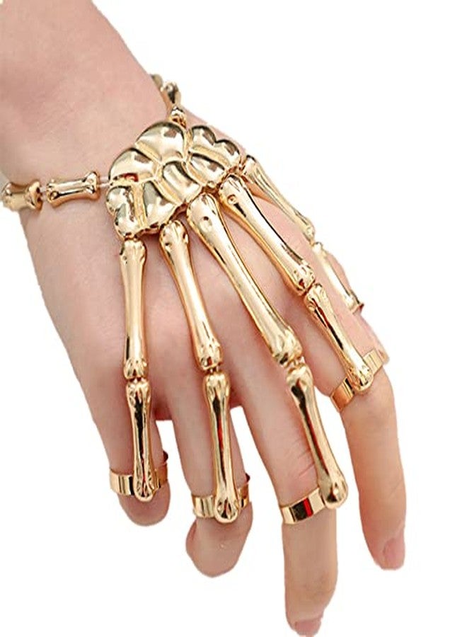 Asphire Gothic Skull Bracelet with Finger Rings Elastic Skeleton Hand Harness Slave Bracelet Punk Ghost Claw Ornaments Finger Skeleton Accessories for Festival Cosplay Costume (Gold) - Image 2