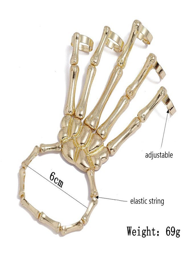 Asphire Gothic Skull Bracelet with Finger Rings Elastic Skeleton Hand Harness Slave Bracelet Punk Ghost Claw Ornaments Finger Skeleton Accessories for Festival Cosplay Costume (Gold) - Image 4