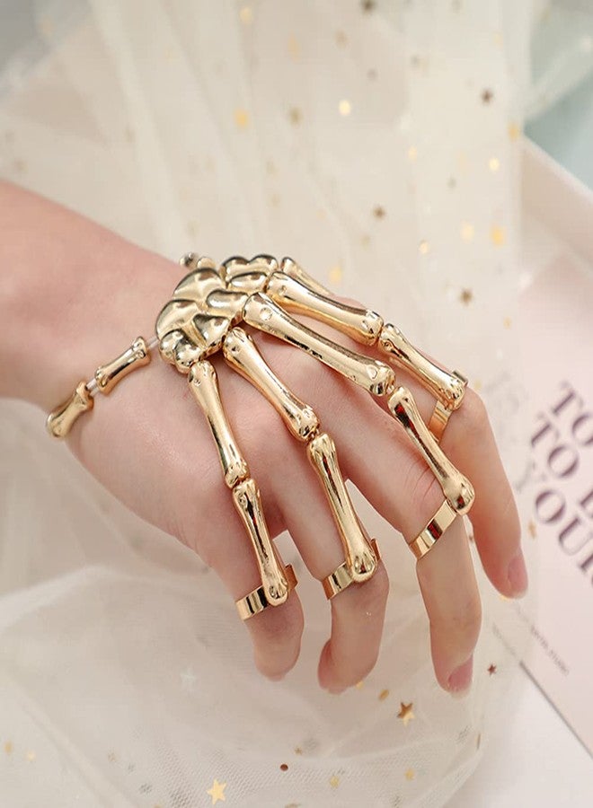 Asphire Gothic Skull Bracelet with Finger Rings Elastic Skeleton Hand Harness Slave Bracelet Punk Ghost Claw Ornaments Finger Skeleton Accessories for Festival Cosplay Costume (Gold) - Image 5