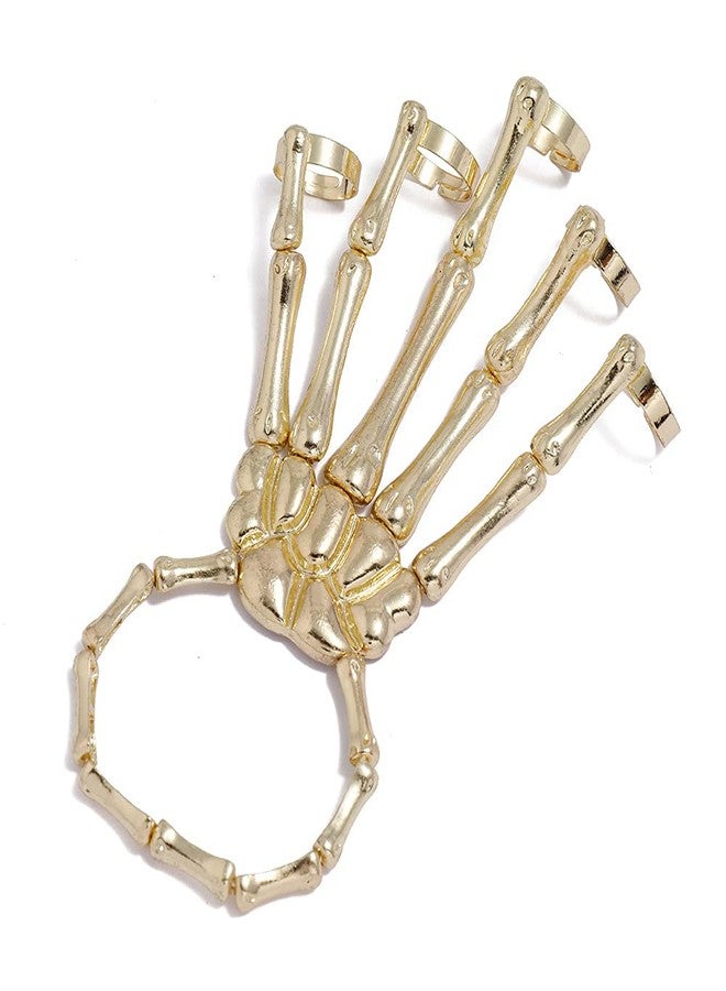 Asphire Gothic Skull Bracelet with Finger Rings Elastic Skeleton Hand Harness Slave Bracelet Punk Ghost Claw Ornaments Finger Skeleton Accessories for Festival Cosplay Costume (Gold) - Image 3