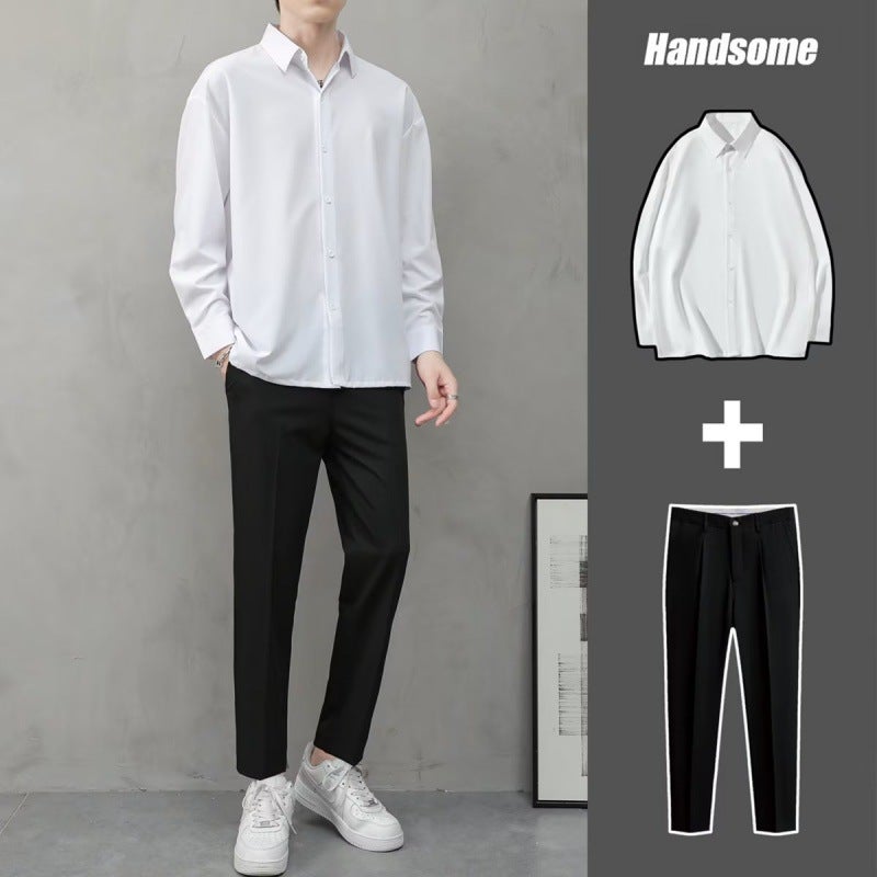 Spring and Autumn Casual Suit suit Mens Loose Korean Style Duffy Handsome Trendy Mens Light Mature Style Shirt Jacket White shirt black trousers 