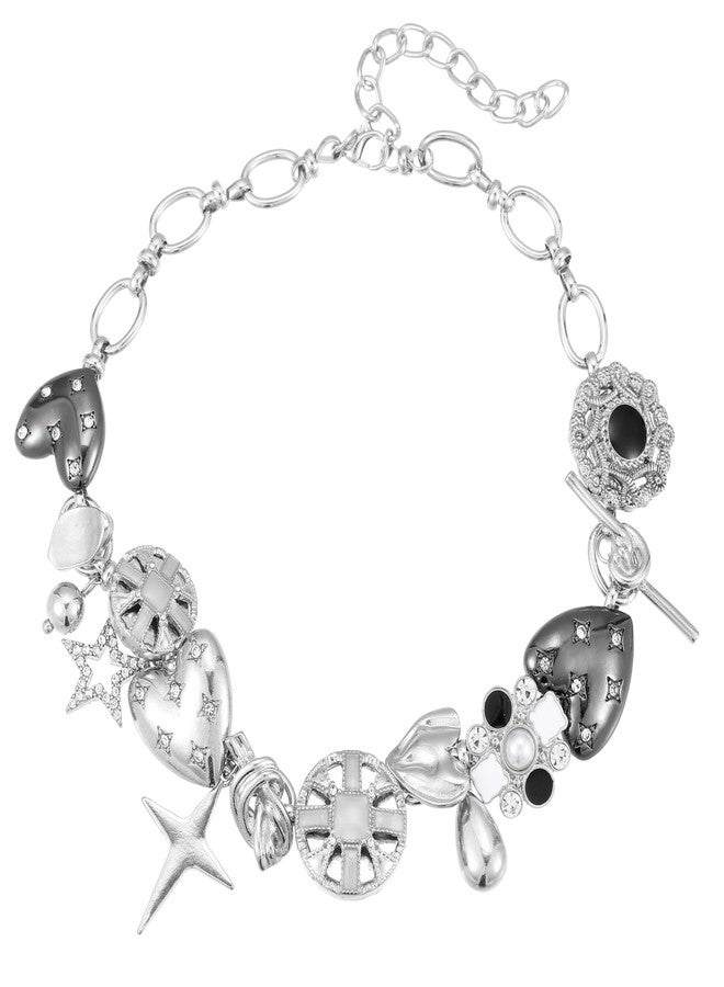 BSOKEIXD Black Heart Chunky Choker Necklace，Silver Star Choker Necklace for Women Gothic Necklace Y2K Aesthetic Outfit Jewelry Accessories Vintage Retro Chunky Costume - Image 1