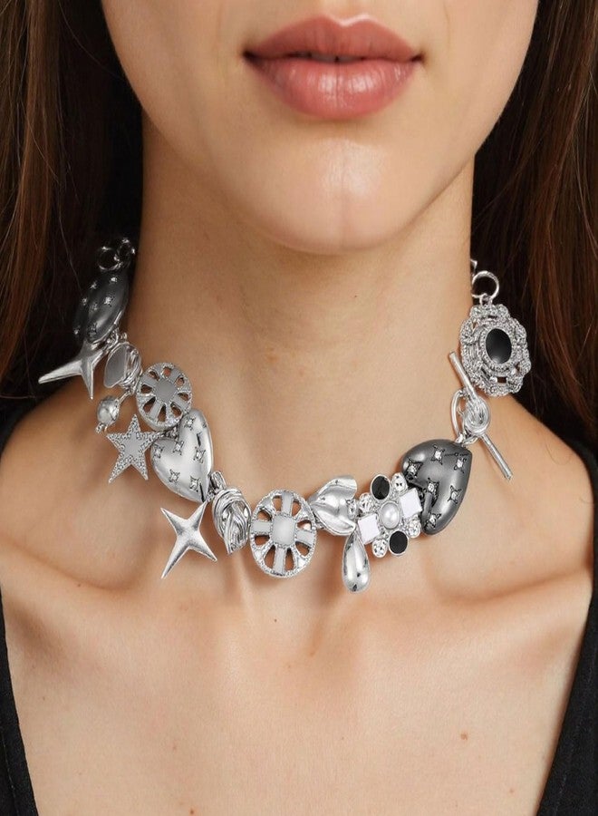 BSOKEIXD Black Heart Chunky Choker Necklace，Silver Star Choker Necklace for Women Gothic Necklace Y2K Aesthetic Outfit Jewelry Accessories Vintage Retro Chunky Costume - Image 3