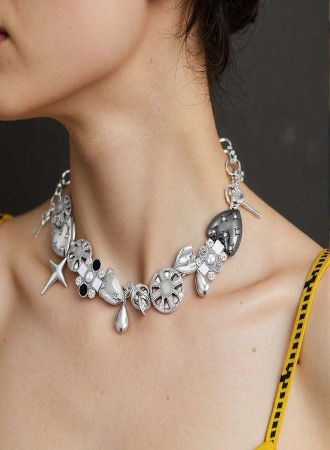 BSOKEIXD Black Heart Chunky Choker Necklace，Silver Star Choker Necklace for Women Gothic Necklace Y2K Aesthetic Outfit Jewelry Accessories Vintage Retro Chunky Costume - Image 4