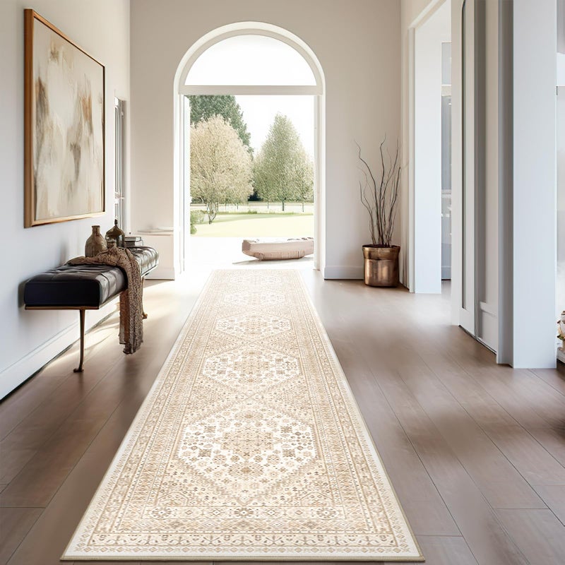 Restydon Hallway Runner Rug 2x12  Extra Long Washable Runner Rugs with Rubber Backing  Non Slip Runner  Vintage Rug Runners for Kitchen Laundry Room Entryway (Cream/Beige 2'x12') - Image 1