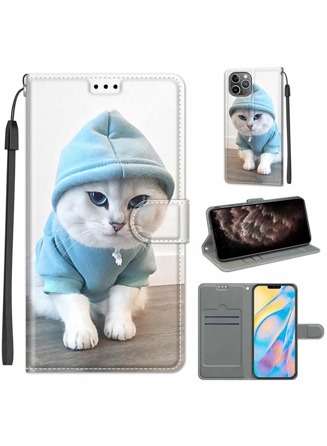 Case Cover For iPhone 11 Pro Max Voltage Colored Drawing Magnetic Clasp Horizontal Flip PU Leather Case with Holder & Card Slots C15 Blue Sweater White Cat
